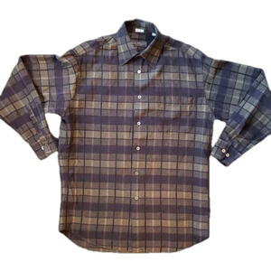 Salvatore Ferragamo Navy Green Plaid Linen Blend Button Down Shirt Sz S